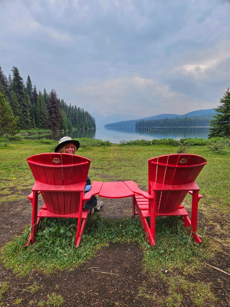 red chairs maligne lake